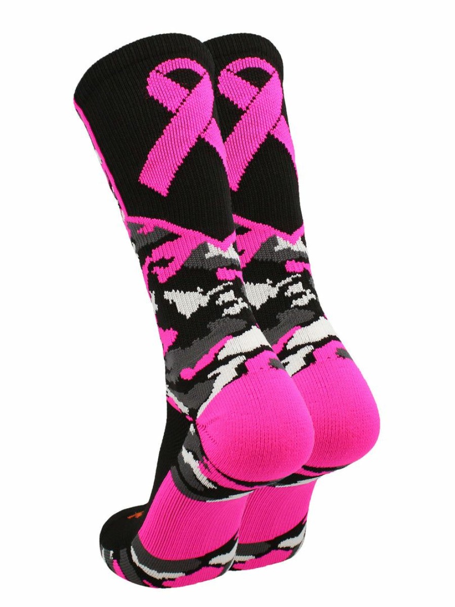 Ncaa Socks * | Discount Tck Basketball Socks Woodland Camo Breast Cancer Awareness Crew Socks Black/Hot Pink