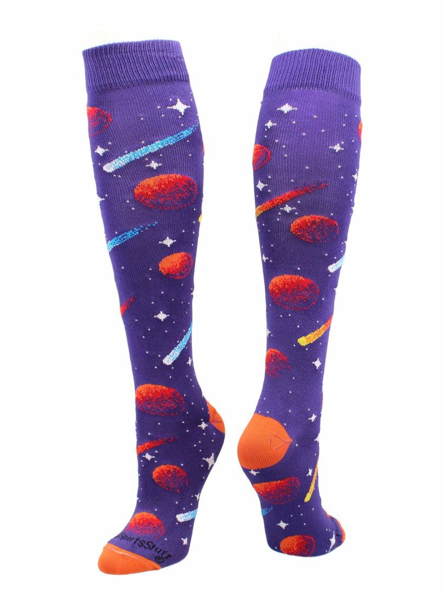 Ncaa Socks * | Deals Madsportsstuff Softball Socks Outer Space Galaxy Socks Athletic Over The Calf Length Purple/Orange/White