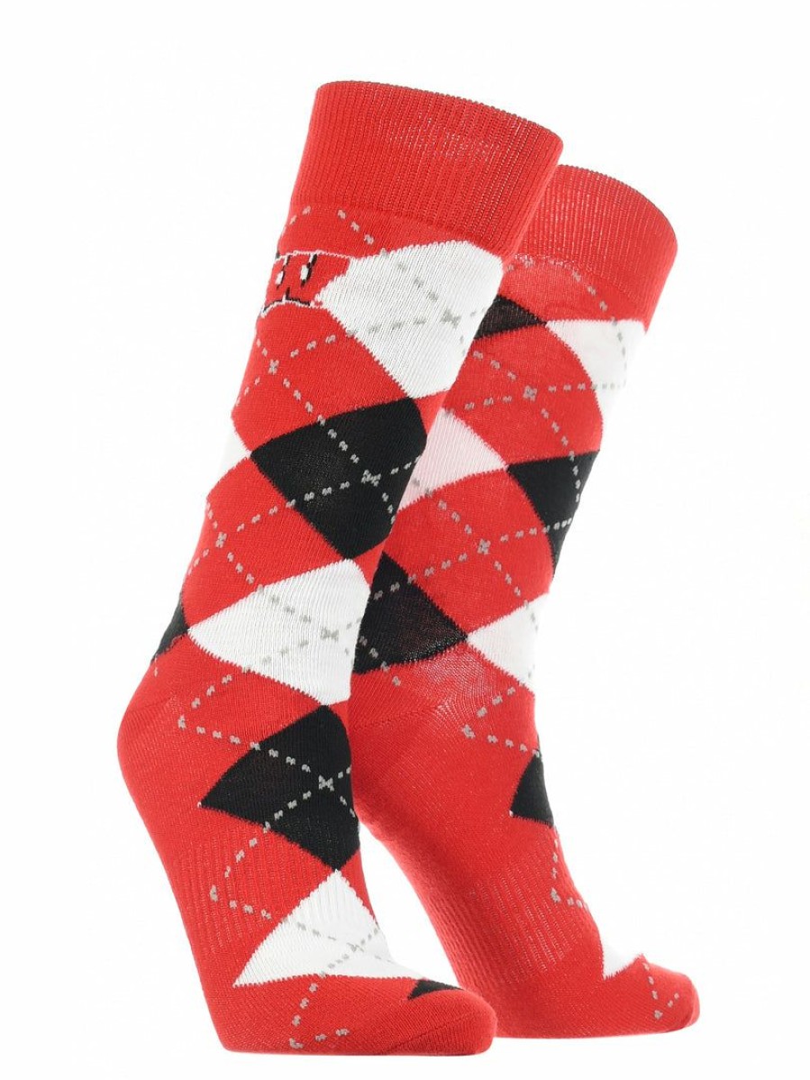 Ncaa Socks * | Coupon Tck Wisconsin Badgers Argyle Dress Socks Ncaa Fanwear Crew Length All Schools Red/Black/White