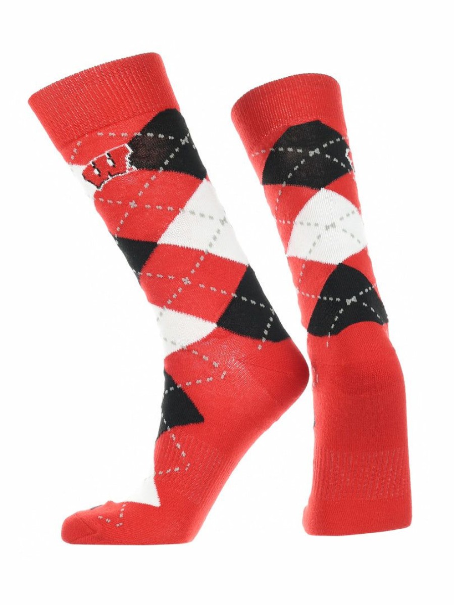 Ncaa Socks * | Coupon Tck Wisconsin Badgers Argyle Dress Socks Ncaa Fanwear Crew Length All Schools Red/Black/White