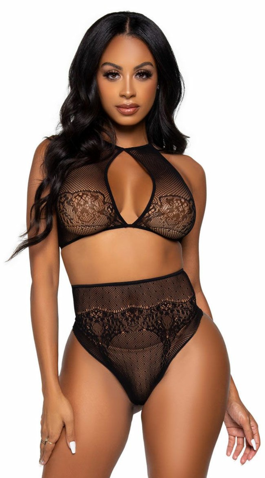 Lingerie * | Leg Avenue Dotted Net And Lace High Waisted Lingerie Set