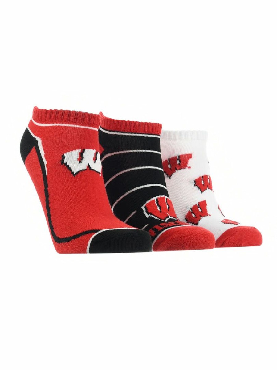 Ncaa Socks * | Best Pirce Tck Wisconsin Badgers No Show Socks Full Field 3 Pack All Schools Black/Red/White