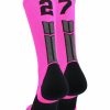 Ncaa Socks * | Buy Madsportsstuff Neon Pink And Black Player Id Custom Number Crew Socks For Basketball Lacrosse Volleyball Boys And Girls