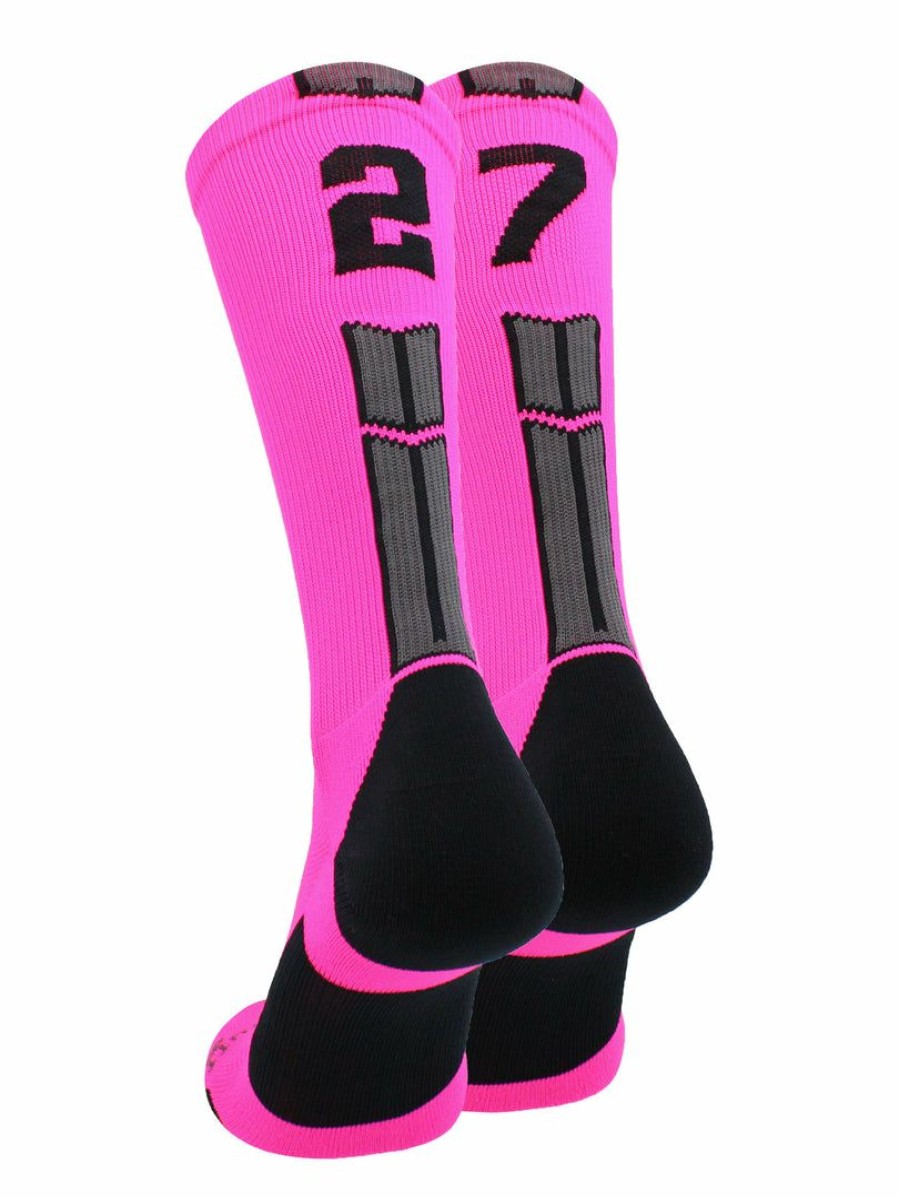 Ncaa Socks * | Buy Madsportsstuff Neon Pink And Black Player Id Custom Number Crew Socks For Basketball Lacrosse Volleyball Boys And Girls