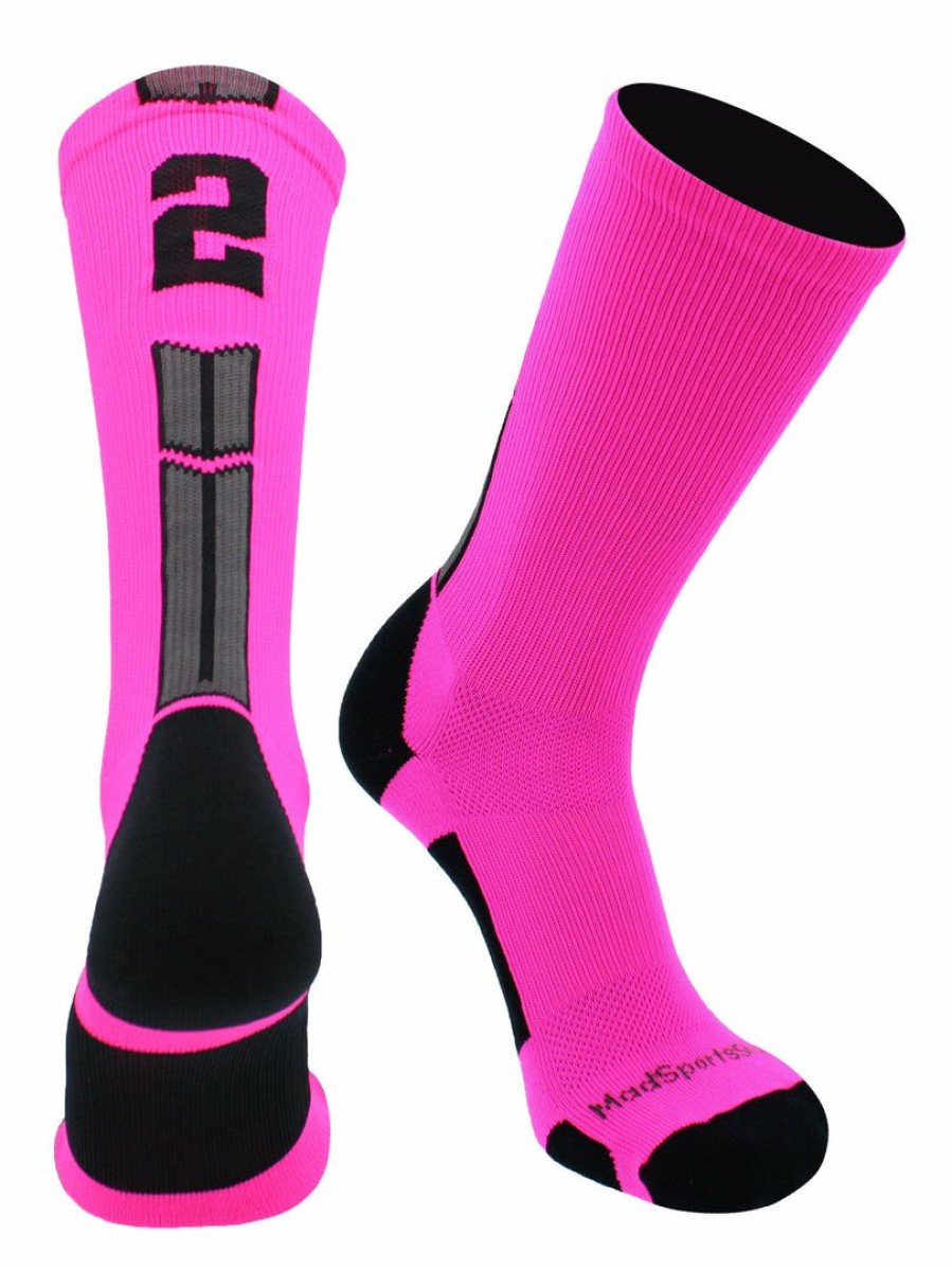 Ncaa Socks * | Buy Madsportsstuff Neon Pink And Black Player Id Custom Number Crew Socks For Basketball Lacrosse Volleyball Boys And Girls