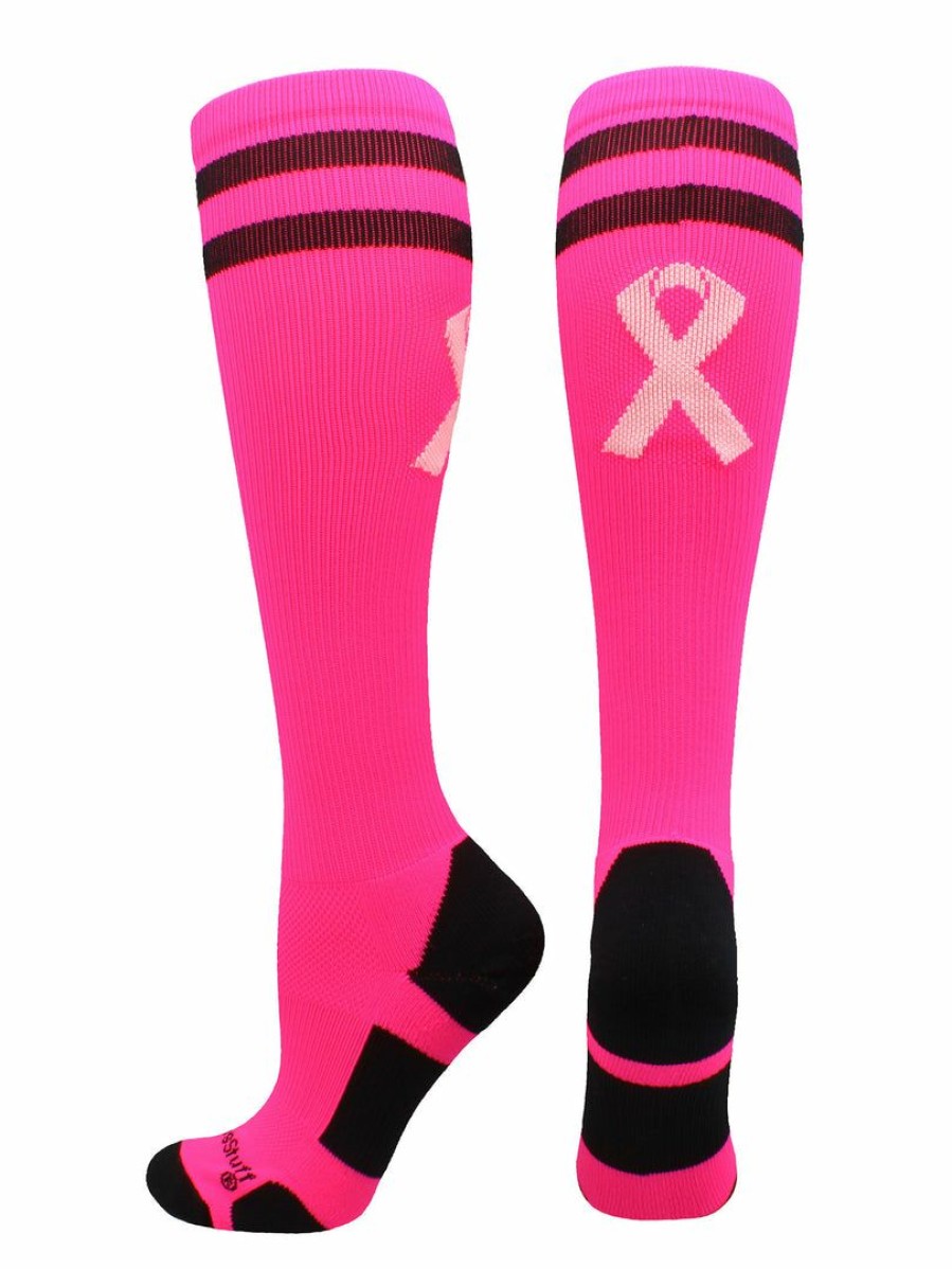 Ncaa Socks * | Budget Madsportsstuff Pink Ribbon Breast Cancer Awareness Socks With Stripes Neon Pink/Pale Pink