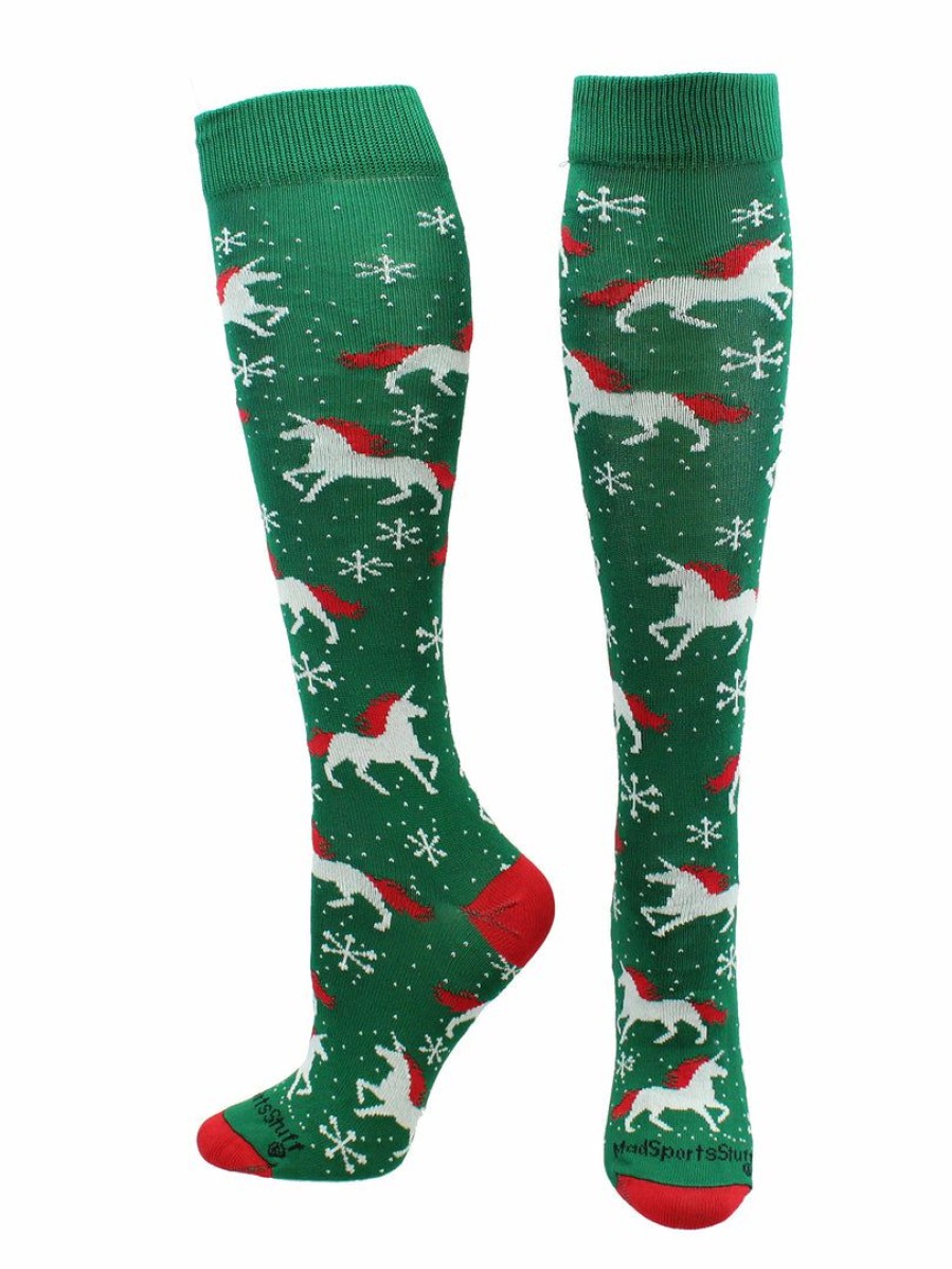 Ncaa Socks * | Promo Madsportsstuff Softball Socks Christmas Unicorn Socks Over The Calf Kelly Green/Red/White