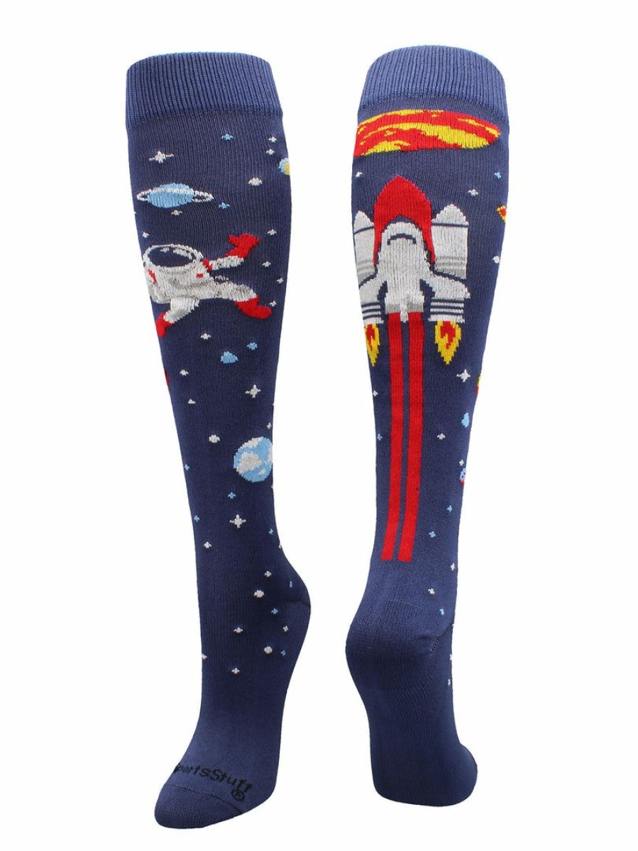 Ncaa Socks * | Outlet Madsportsstuff Soccer Socks Astronaut In Space Socks Athletic Over The Calf Length Navy/Red/White