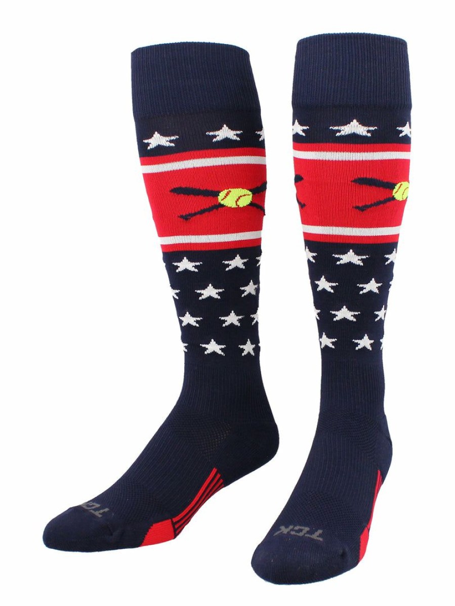 Ncaa Socks * | Outlet Tck Patriotic Usa Softball Socks With Softball Bats Logo Navy/Red/White