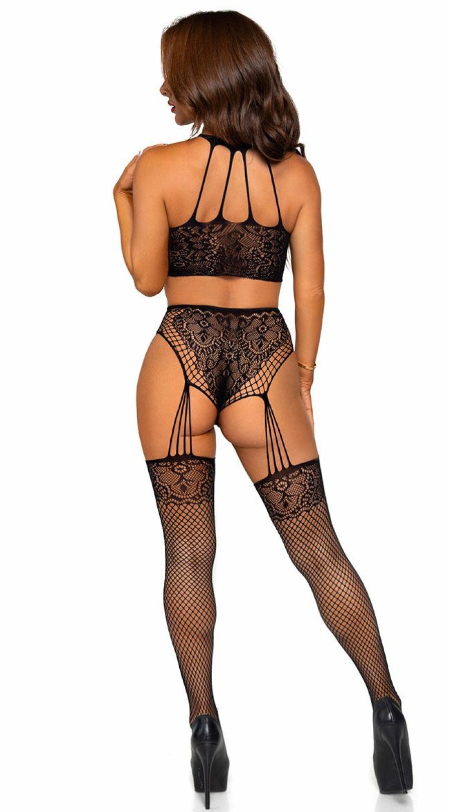 Lingerie * | Leg Avenue Fishnet And Lace Two Piece Bodystocking Set