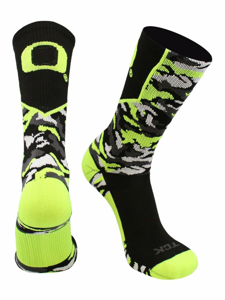 Ncaa Socks * | Hot Sale Tck All Schools Oregon Ducks Socks Woodland Camo Crew Black/Neon Yellow