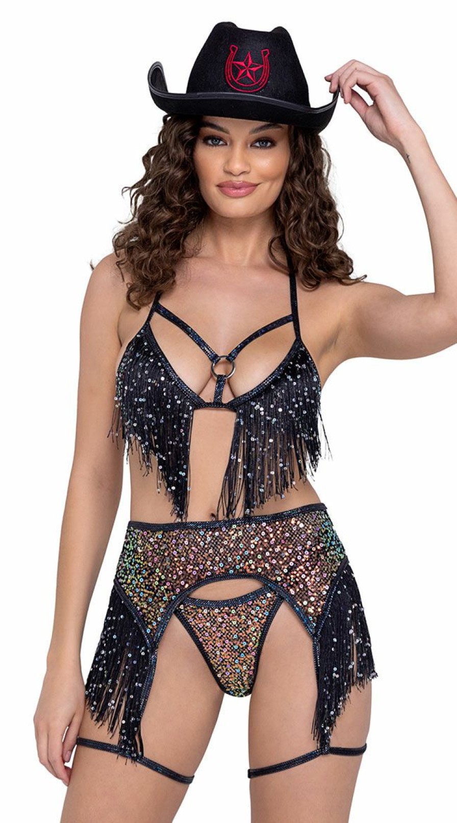 Dancewear * | Roma Sequin And Fishnet Fringed Garter Belt