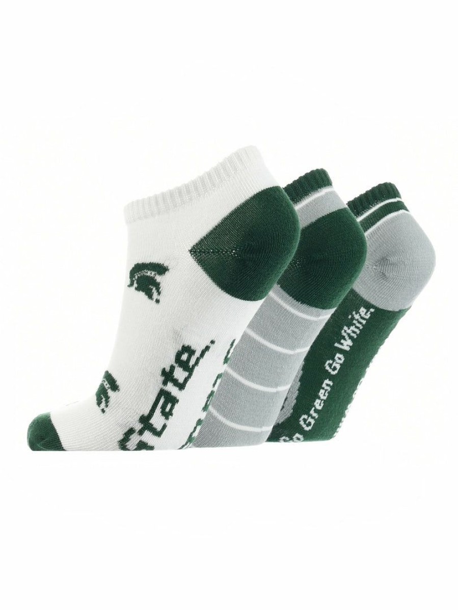 Ncaa Socks * | Flash Sale Tck All Schools Michigan State Spartans No Show Socks Full Field 3 Pack Green/Grey/White