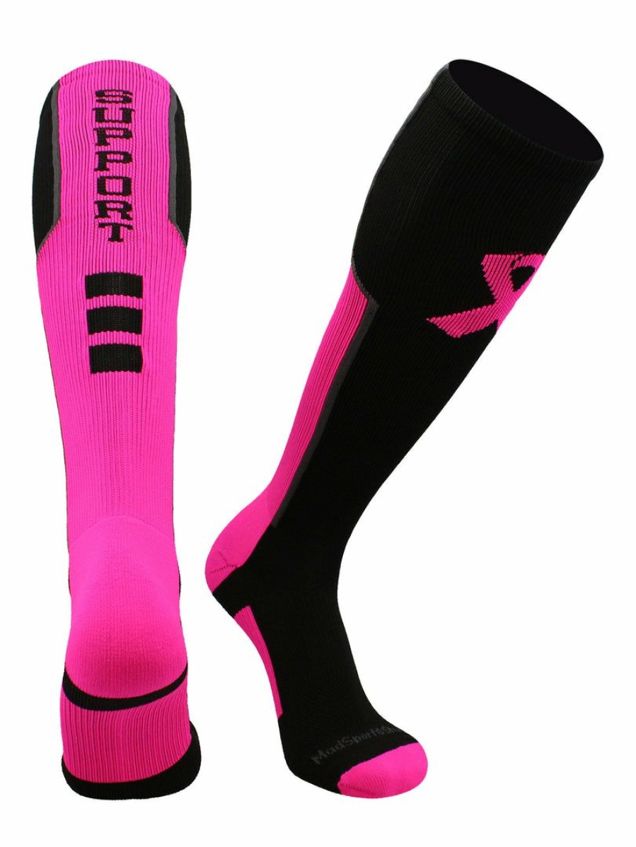 Ncaa Socks * | Deals Madsportsstuff Pink Ribbon Breast Cancer Awareness Support Athletic Over The Calf Socks Black/Neon Pink/Graphite