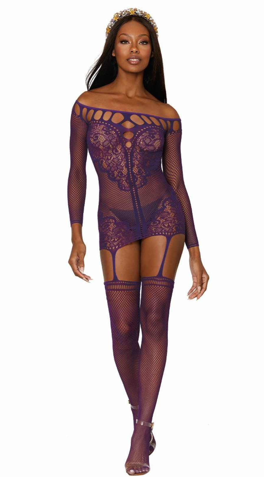 Lingerie * | Dreamgirl Decorative Purple Lace Bodystocking