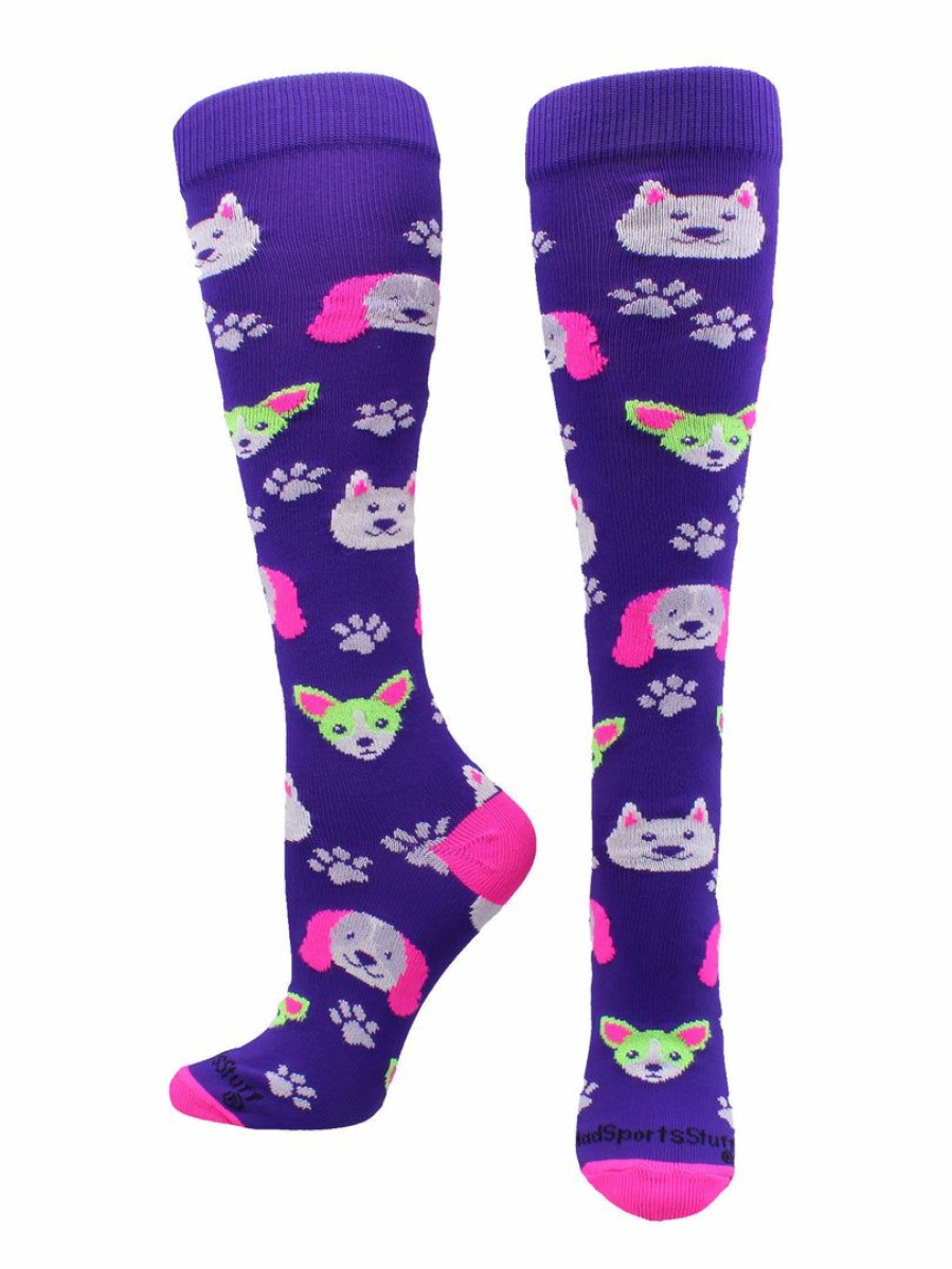 Ncaa Socks * | Brand New Madsportsstuff Neon Puppy Dogs Over The Calf Athletic Socks Softball Socks Purple/Neon Pink