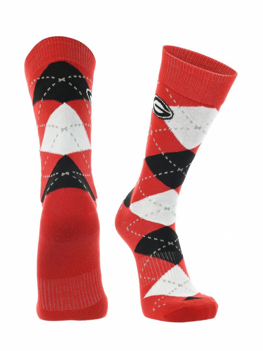 Ncaa Socks * | Wholesale Tck Georgia Bulldogs Argyle Dress Socks Ncaa Fanwear Crew Length All Schools Red/Black/White