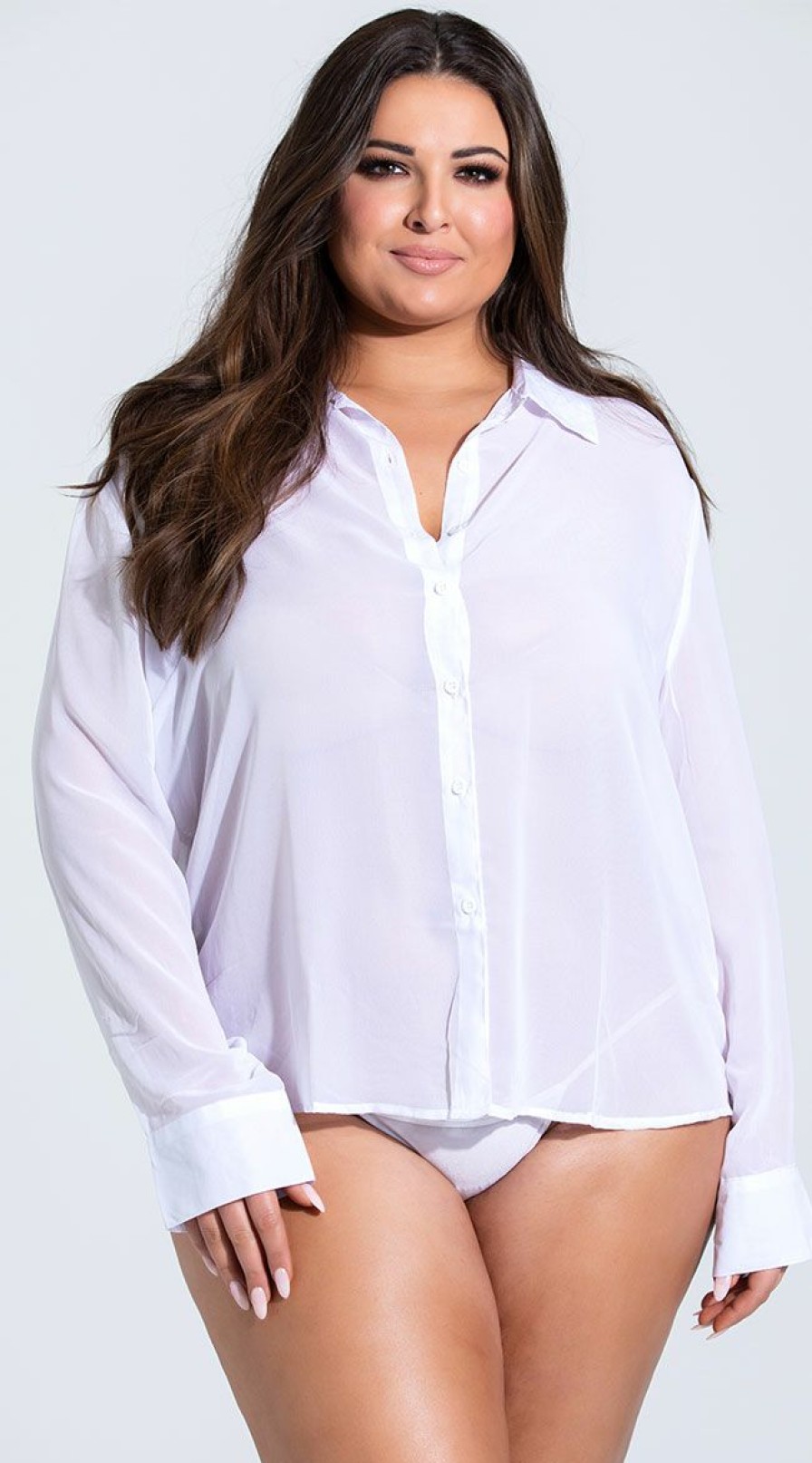 Lingerie * | Icollection Plus Size French Cuffed Button Down Sleep Shirt