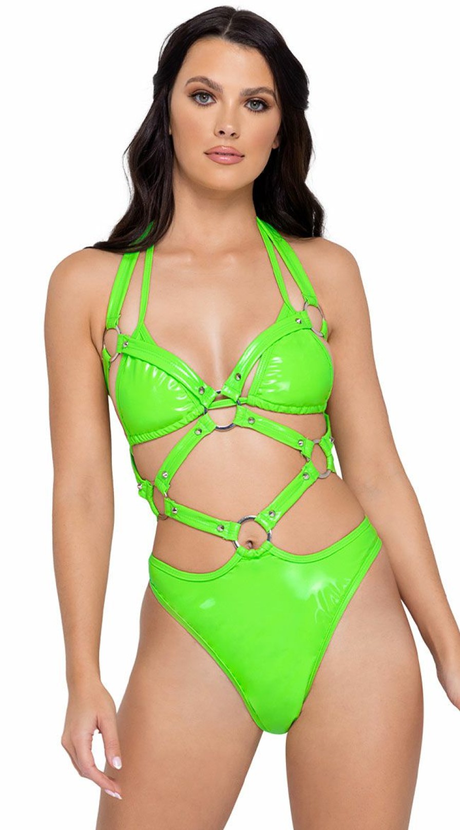 Dancewear * | Roma Neon Green Studded Vinyl Dance Romper