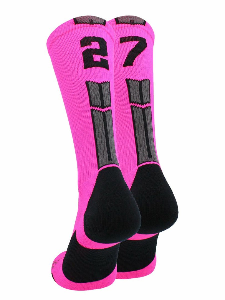 Ncaa Socks * | Best Deal Madsportsstuff Neon Pink And Black Player Id Custom Number Crew Socks For Basketball Lacrosse Volleyball Boys And Girls