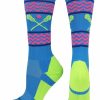 Ncaa Socks * | Outlet Madsportsstuff Chevron Girls Lacrosse Socks With Lacrosse Sticks Athletic Crew Socks Electric Blue/Neon Green