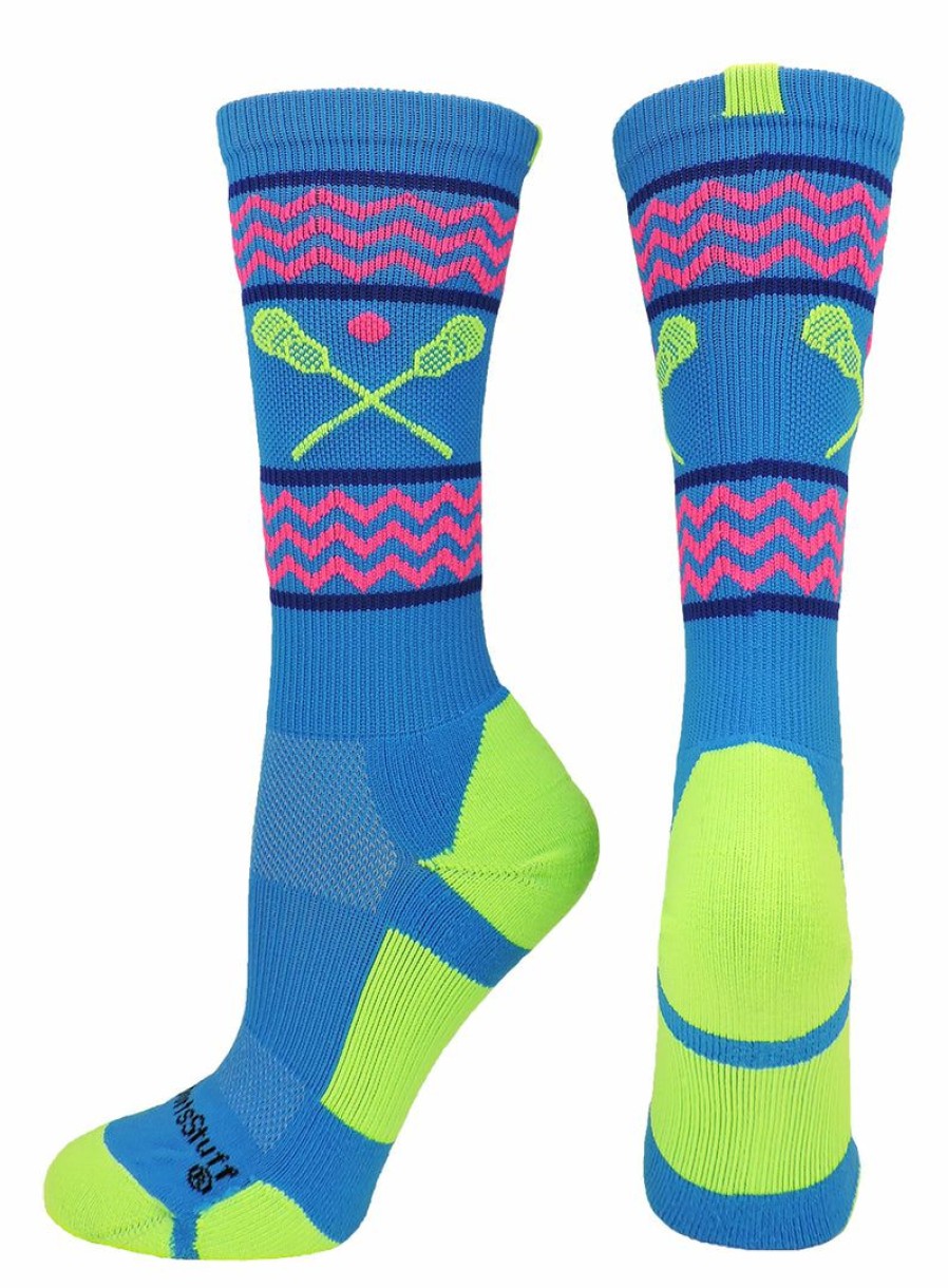 Ncaa Socks * | Outlet Madsportsstuff Chevron Girls Lacrosse Socks With Lacrosse Sticks Athletic Crew Socks Electric Blue/Neon Green