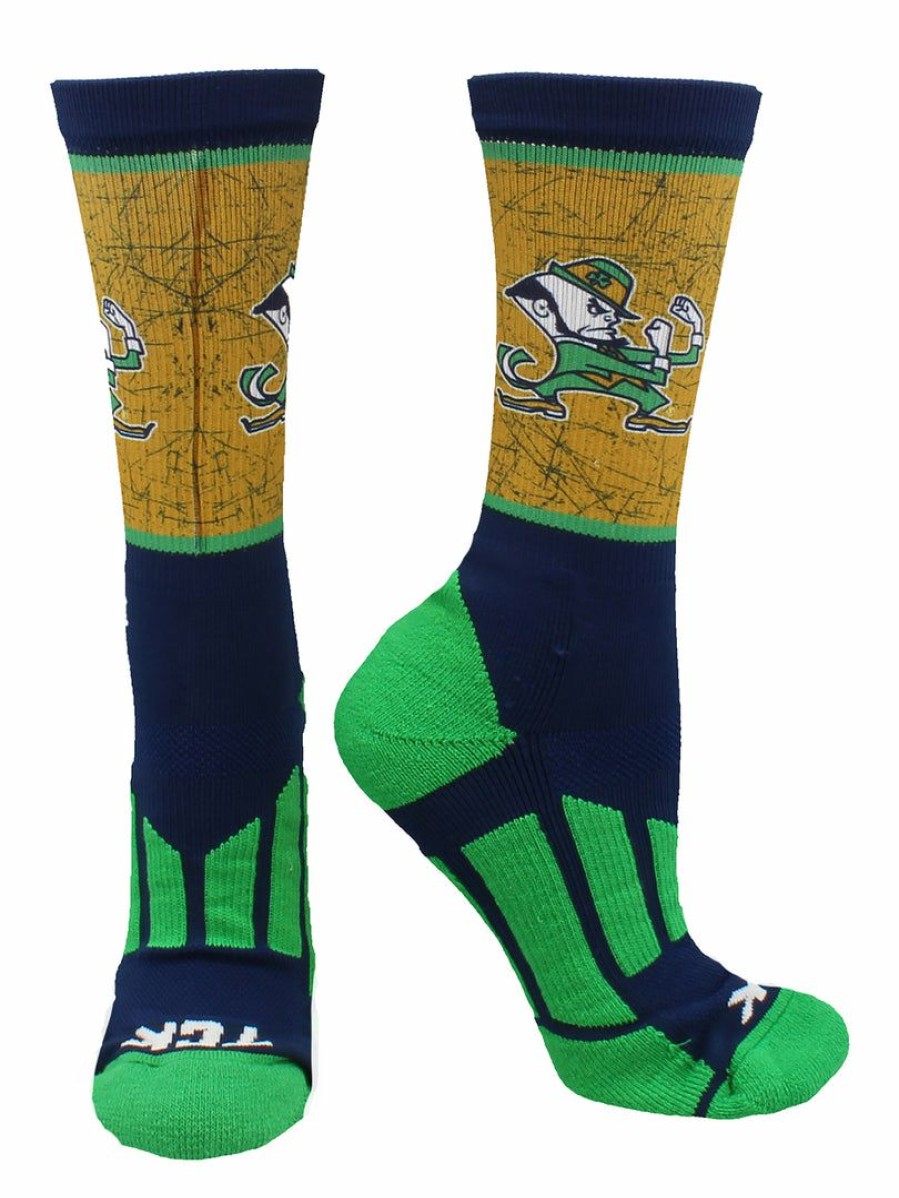 Ncaa Socks * | Brand New Tck University Of Notre Dame Socks Distressed Sublimated Crew All Schools Blue/Kelly/Gold