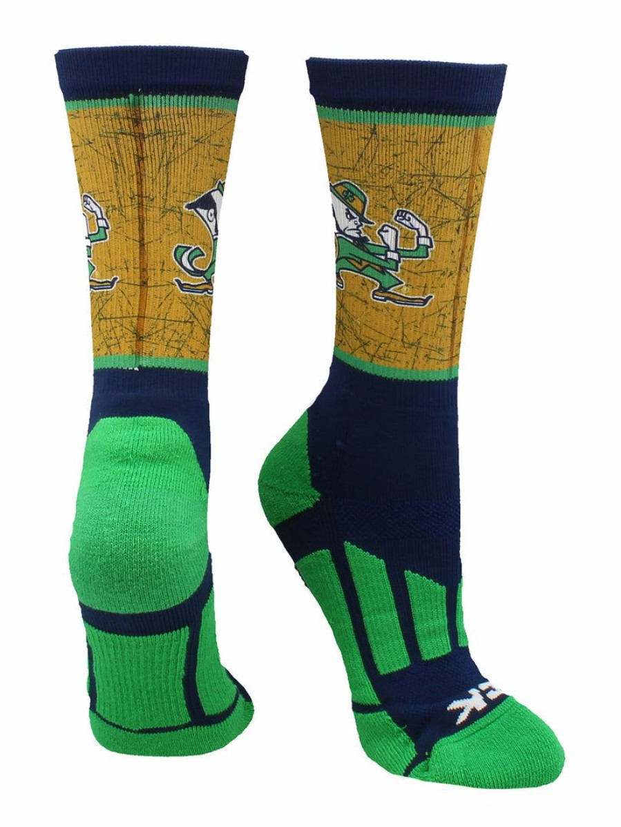 Ncaa Socks * | Brand New Tck University Of Notre Dame Socks Distressed Sublimated Crew All Schools Blue/Kelly/Gold