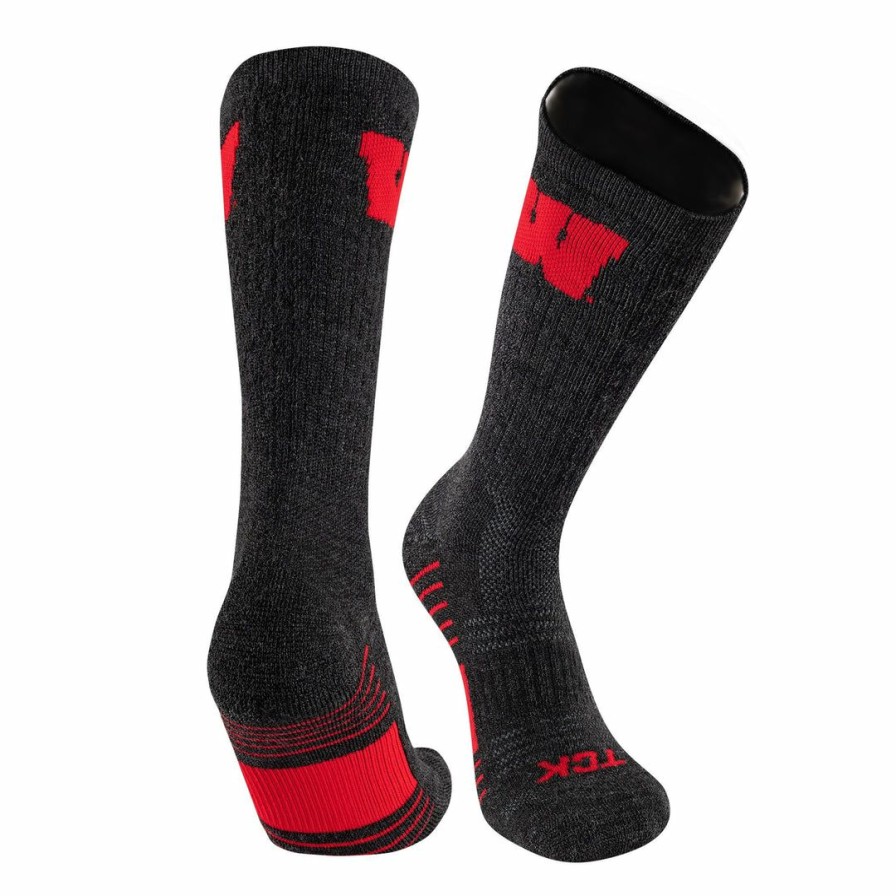 Ncaa Socks * | Best Reviews Of Tck University Of Wisconsin Badgers Socks Pure Merino Wool Far Trek All Schools Charcoal/Red