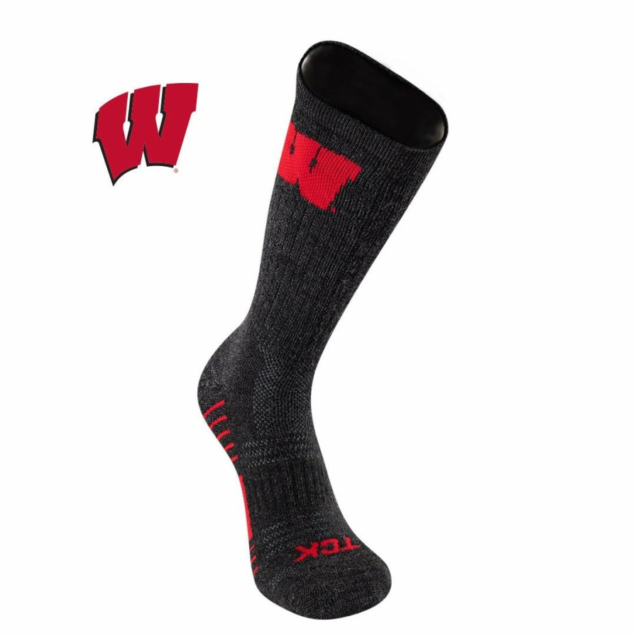 Ncaa Socks * | Best Reviews Of Tck University Of Wisconsin Badgers Socks Pure Merino Wool Far Trek All Schools Charcoal/Red