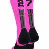 Ncaa Socks * | Cheap Madsportsstuff Neon Pink And Black Player Id Custom Number Crew Socks For Basketball Lacrosse Volleyball Boys And Girls Lacrosse Socks