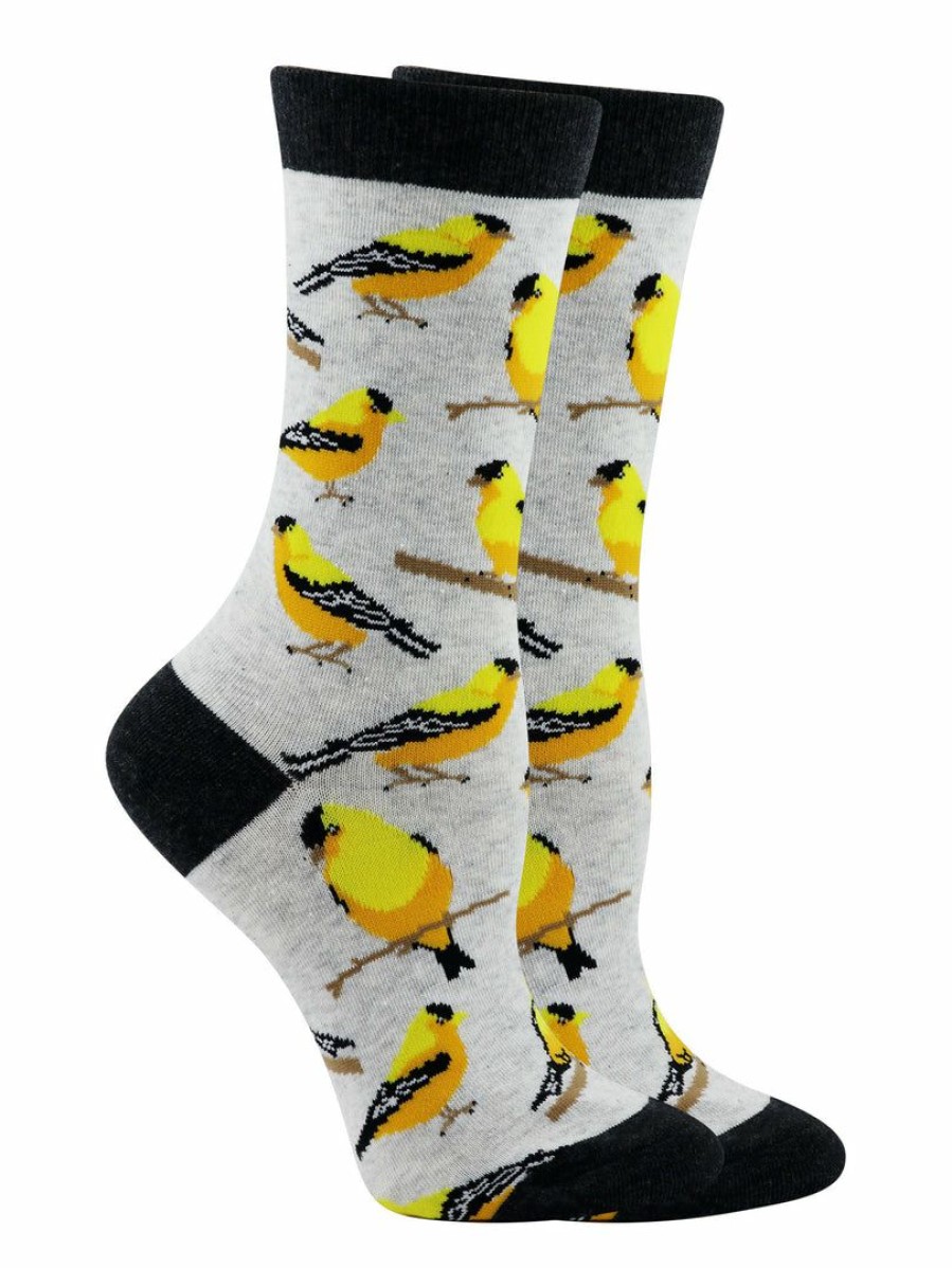 Ncaa Socks * | Brand New Whd Crazy Socks Crew Goldfinch Socks For Women Gift For Bird Lovers Light Gray