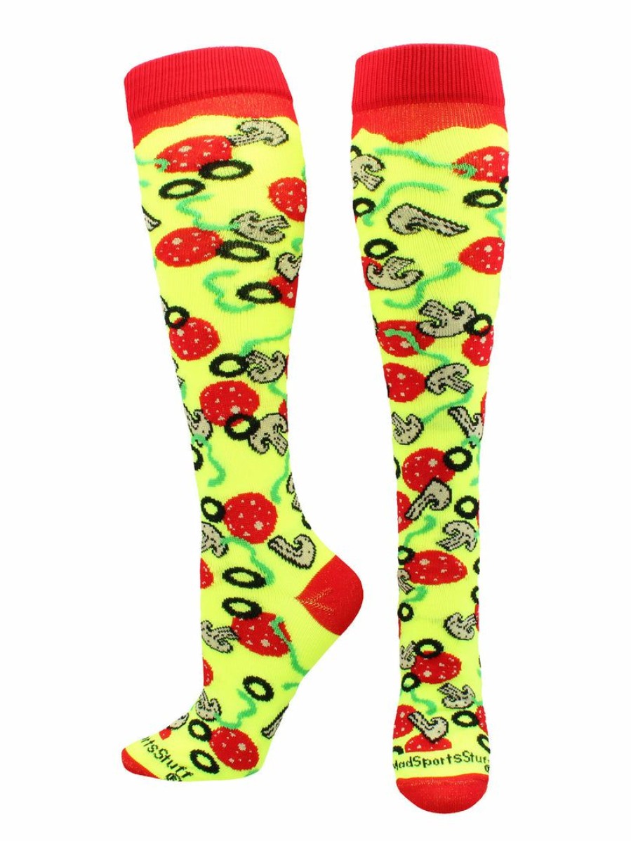 Ncaa Socks * | Top 10 Madsportsstuff Pepperoni Pizza Athletic Over The Calf Socks Neon Yellow/Red