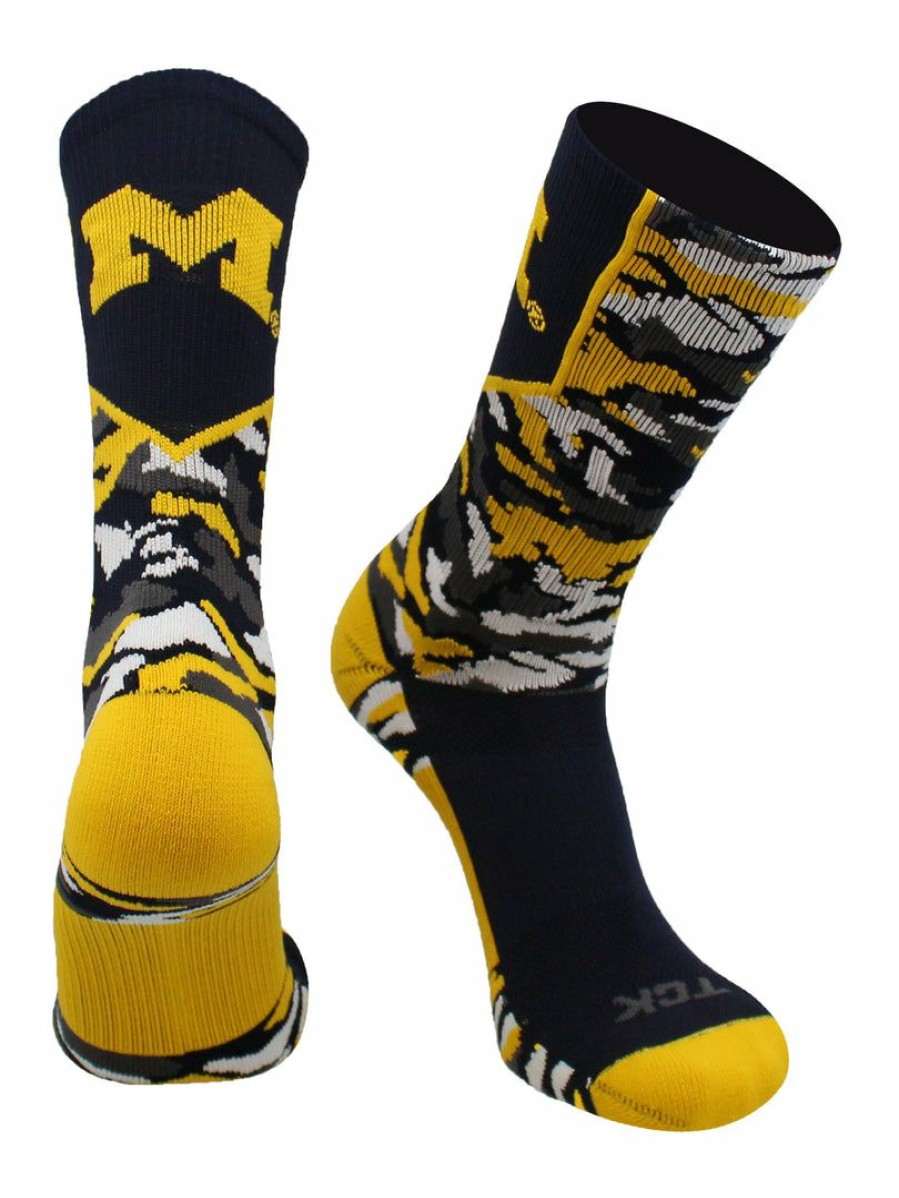 Ncaa Socks * | Buy Tck Michigan Wolverines Socks Woodland Camo Crew Navy/Gold