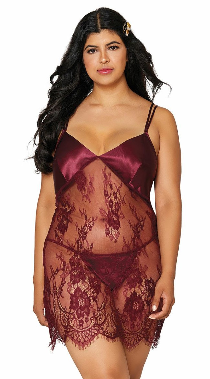 Lingerie * | Dreamgirl Plus Size Burgundy Elegance Chemise Set