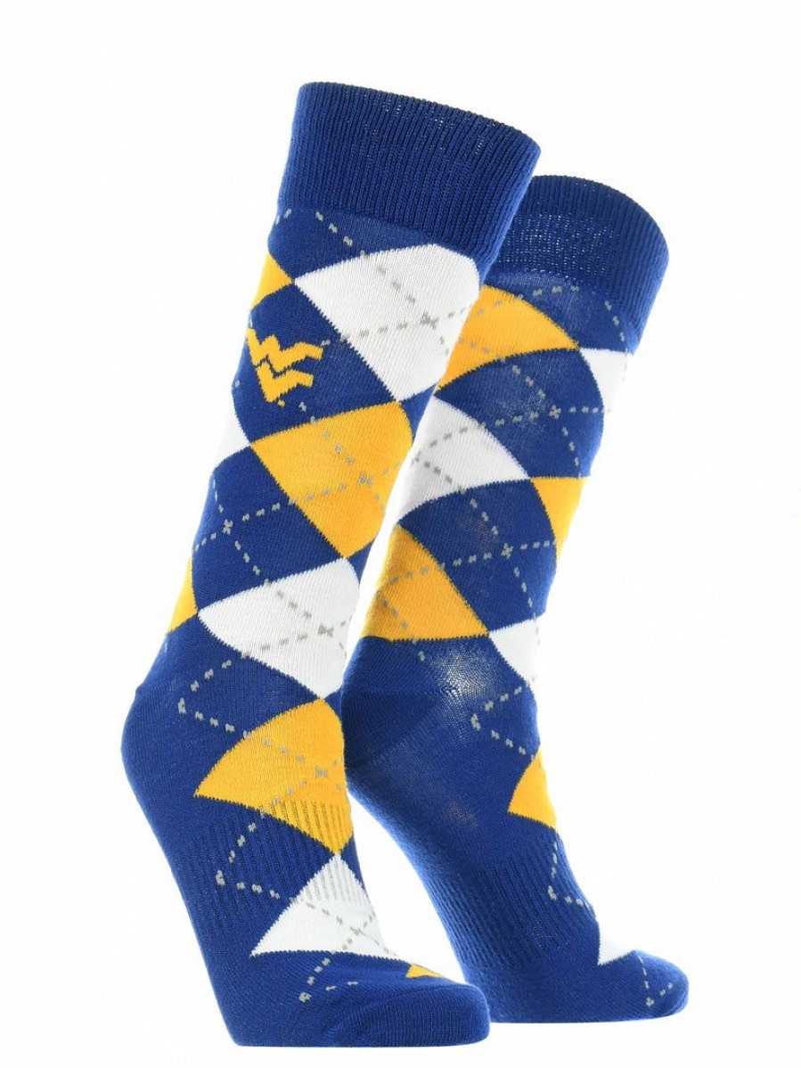 Ncaa Socks * | Best Deal Tck West Virginia Mountaineers Argyle Dress Socks Ncaa Fanwear Crew Length All Schools Gold/Blue