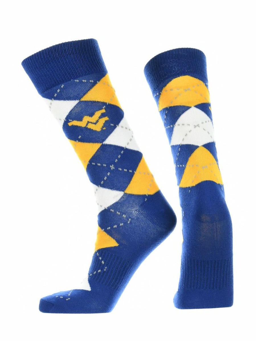 Ncaa Socks * | Best Deal Tck West Virginia Mountaineers Argyle Dress Socks Ncaa Fanwear Crew Length All Schools Gold/Blue