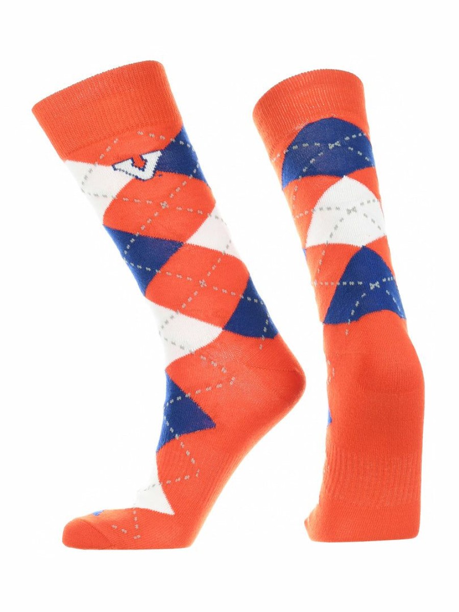 Ncaa Socks * | Cheap Tck Virginia Cavaliers Argyle Dress Socks Ncaa Fanwear Crew Length Orange/Blue/White