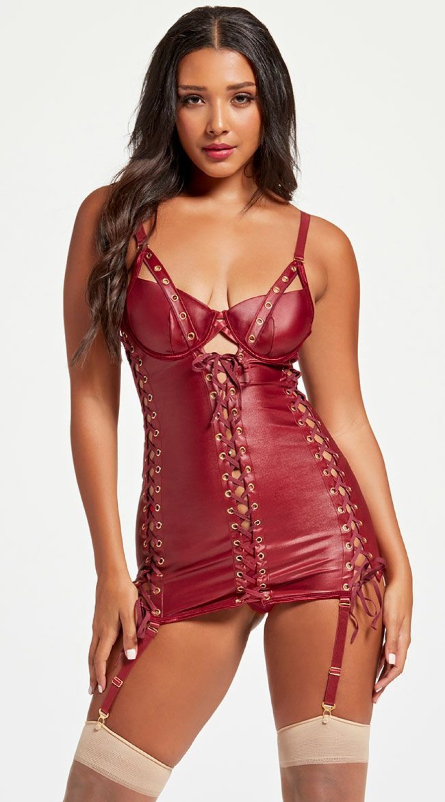 Lingerie * | Seven 'Til Midnight Faux Leather Lace-Up Chemise Set