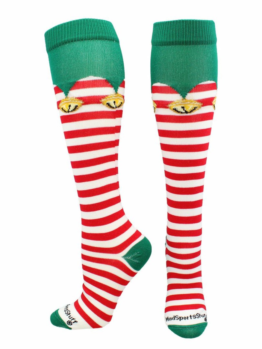 Ncaa Socks * | Best Deal Madsportsstuff Elf Christmas Socks With Bells Over The Calf Length Softball Socks White/Red/Green