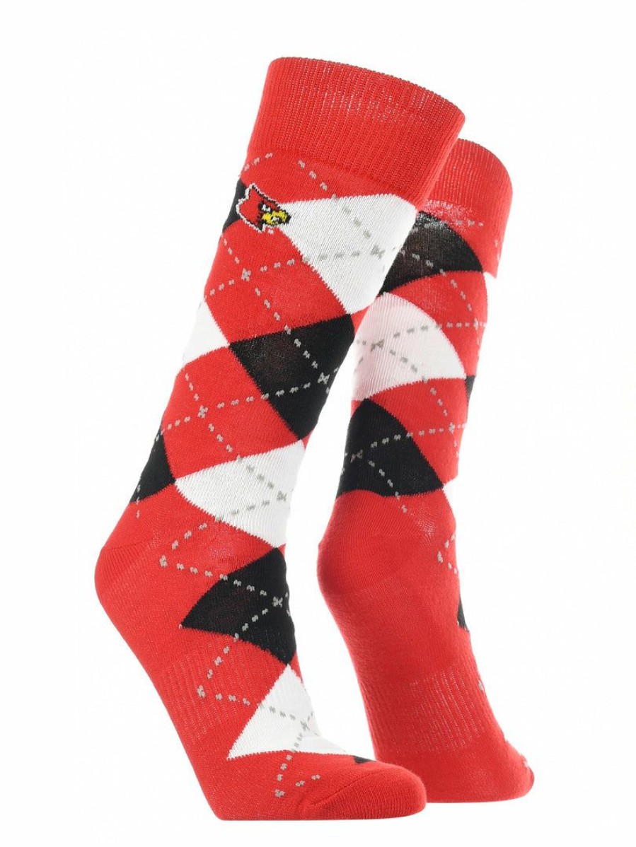 Ncaa Socks * | Wholesale Tck Louisville Cardinals Argyle Dress Socks Ncaa Fanwear Crew Length All Schools Red/Black/White